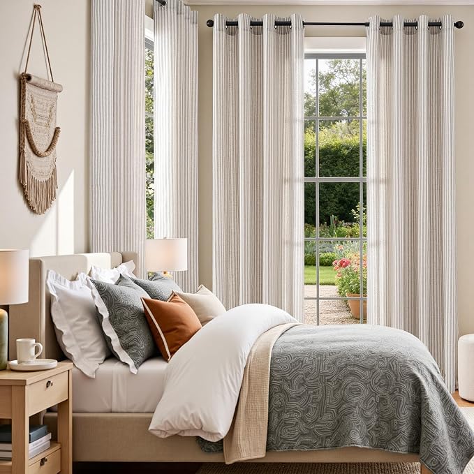 Vangao Linen Striped Curtains for Living Room Bedroom Farmhouse Tickingstripe Light Filtering Window Curtains Printed Drapes Grommet Top 2 Panels Taupe Grey W50 x L84 Inch