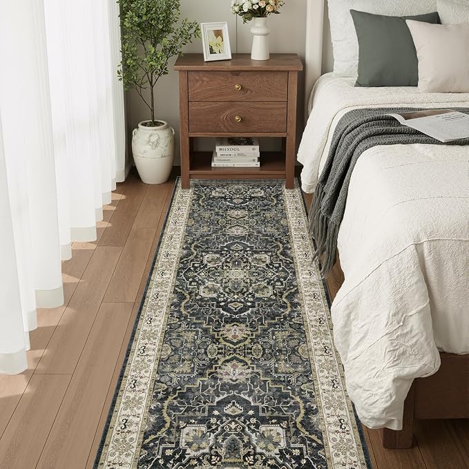 2x6 Washable Kitchen Runner Rug, Non Slip Vintage Runner Rugs for Hallway, Ultra-Thin Low Pile Distressed Kitchen Rugs Non Skid, Machine Washable Laundry Entryway Indoor Carpet,Black