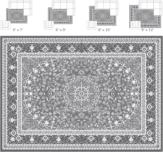 Lessymo 5x7 Area Rugs for Living Room - Machine Washable Area Rug, Super Soft Faux-Wool Area Rugs for Bedroom Kitchen, Boho Rug Vintage Floral Non-Slip Low Pile, Grey White