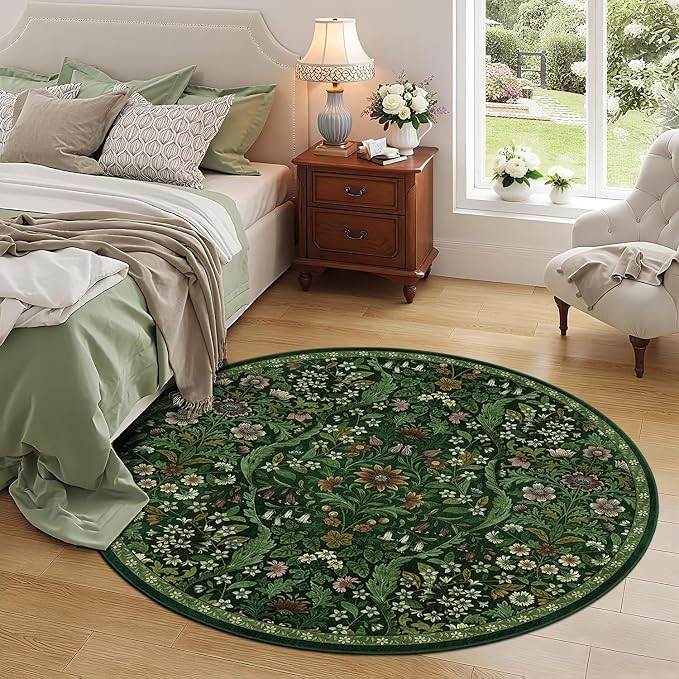 Round Rug 5ft Dark Green Washable Floral Circle Rug,Vintage Boho Botanical Round Area Rugs, Non-Slip Soft Low-Pile Circular Carpet for Bedroom,Kids Room,College Dorm,Home Decor
