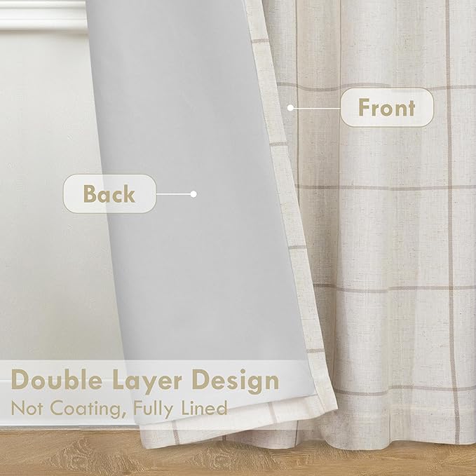 DriftAway 100% Blackout Plaid Linen Curtains 108 Inches Long 2 Panels Taupe | 100% Blackout, Linen Texture, Plaid Pattern, Two Layers, Rod Pocket & Back Tab, Bedroom Living Room Use, Luxury Appearance