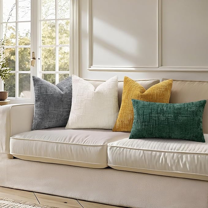 decorUhome Textured Chenille Throw Pillow Covers 18x18 Set of 2 Green | Fall Modern Farmhouse Soft Cozy Slubby Couch Pillow Cases Boho Decorative Pillow Cases for Bed Sofa Living Room Home Decor
