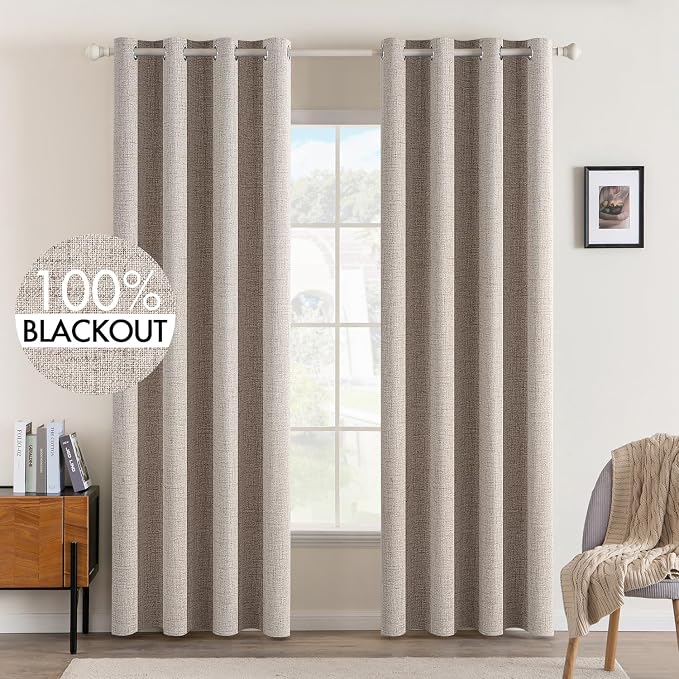 MIULEE Blackout Curtains for Bedroom Polyester Texture Thermal Insulated Natural Khaki Grommet Room Darkening Curtains & Drapes Luxury Decor for Living Room 52 x 90 Inch (2 Panels)