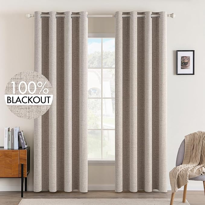 MIULEE Linen Texture Curtains for Bedroom Solid 100% Blackout Thermal Insulated Khaki Curtains Grommet Room Darkening Drapes Luxury Decor for Living Room 52x96 Inch (2 Panels)