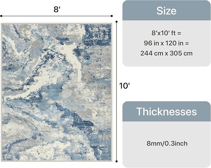 GENIMO Abstract Area Rug 8x10, Washable Large Modern Rug Non Slip, Low Pile Lightweight Soft Carpet for Living Room, Bedroom, Dining Room, Blue Grey
