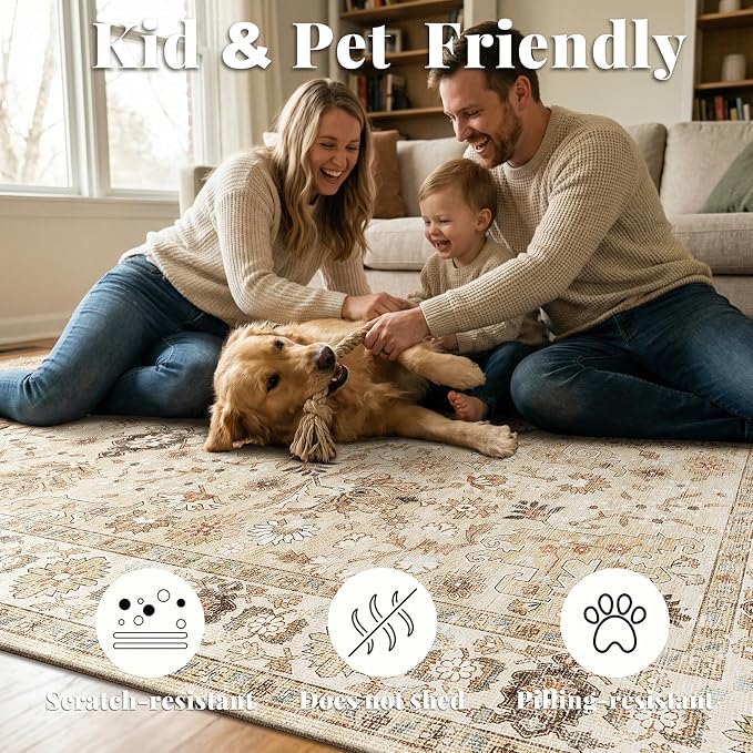Washable Rugs for Living Room: 6x9 Area Rugs for Bedroom Ultra Soft Non-Slip Stain Resistant Vintage Boho Large Carpet for High-Traffic Dining Room - Farmhouse Decor