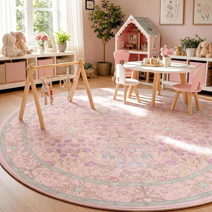 Lunasun Light Pink 6ft Round Rug for Living Room - Floral Circle Rug for Bedroom, Kids Room, Home Office, Washable Low Pile Non Slip, Pastel Green and Pink French Country Style Indoor Aesthetic Décor