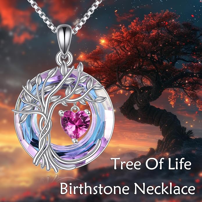 POPLYKE Mothers Day Gifts for Mom Her Wife Tree of Life Necklace 925 Sterling Silver Birthstone Pendant with Crystal Anniversary Birthday Wedding Jewelry for Women