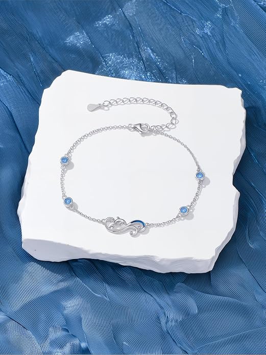 925 Sterling Silver Ankle Bracelet Evil Eye/Dolphin/Sea Turtle/Infinity/Wave Seashell/Hamsa Ankle Bracelet Adjustable Summer Beach Ocean Jewelry for Women
