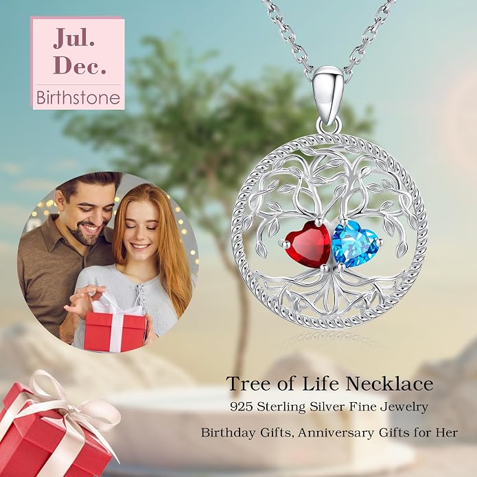 Mothers Day Gifts for Women，925 Sterling Silver Family Tree of Life Pendant Necklaces with 2 Heart Birthstone Jewelry Birthday Anniversary Christmas Gifts for Her Girlfriend Mom Wife Grandma Daughter