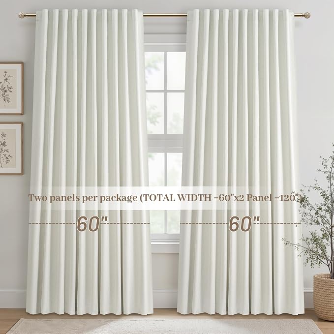 Cute Blackout Curtains 60 Inches Extra Wide Linen 90 Inch Length for Living Room/Sliding Glass Door,Pleated Heavy Duty Thermal Drapes for Winter Thick Large Window(60"Wx90"L 2 Panels Beige White)