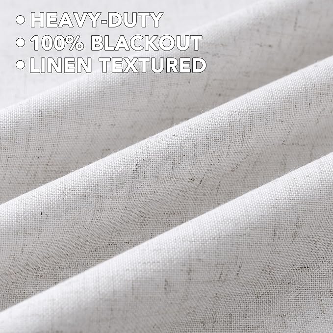 H.VERSAILTEX Linen Curtains 100% Blackout Curtains for Bedroom 90 inch Long Full Light Blocking Nature Linen Blended Window Curtains for Living Room Nickel Grommet (2 Panels, Heathered White)