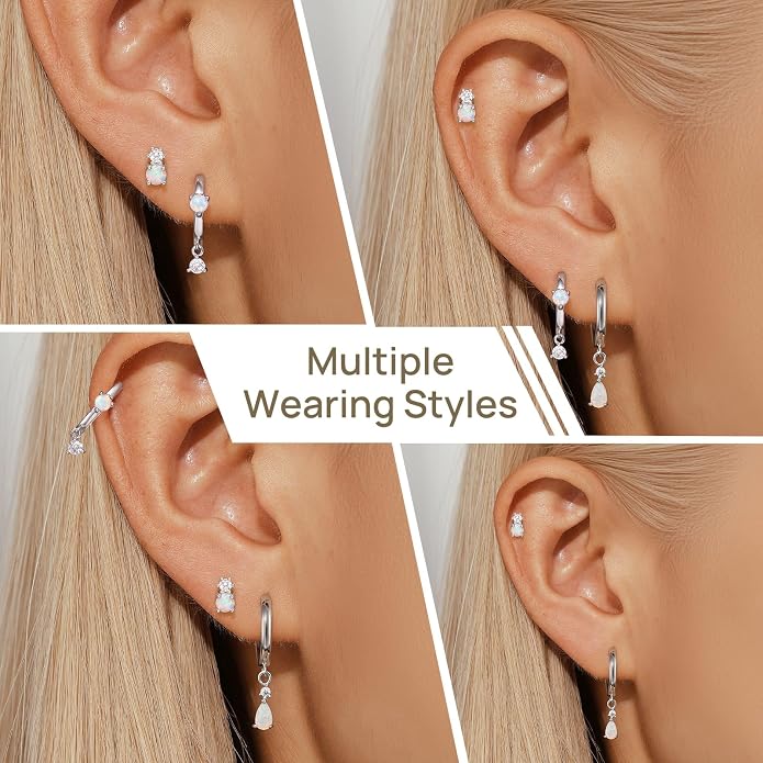Angelady Opal Earrings Set for Women, Hypoallergenic S925 Sun Stud Earring for Sensitive Ears, Dainty Hoop Huggie Silver Opal Dangle Earring Stacks, Blue Earrings for Women Trendy 2025