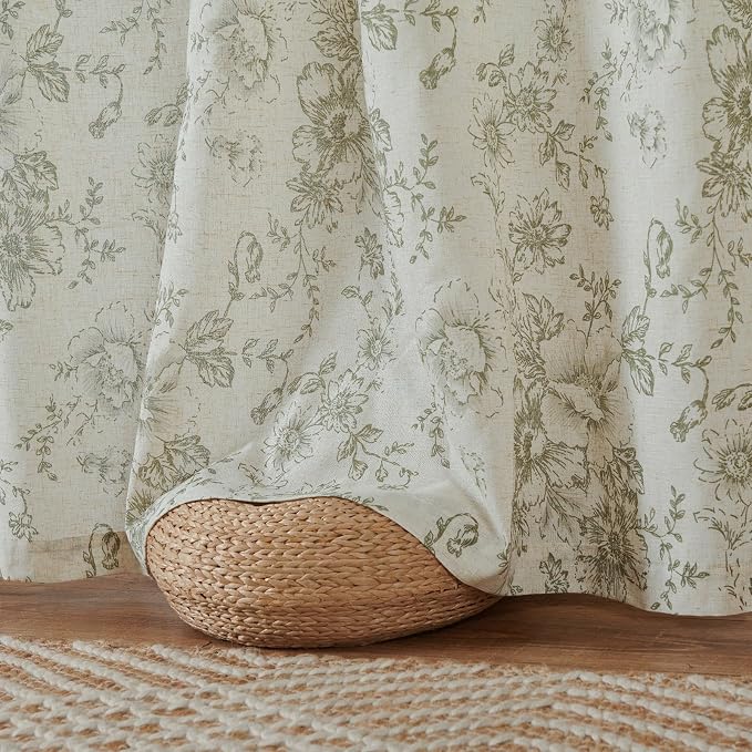 jinchan Green Floral Linen Curtains Lined 84 Inch Vintage Back Tab 2 Panels | Privacy lining, light filtering drapes, vintage, cottagecore, french country, rustic, bedroom, living room, window treatment