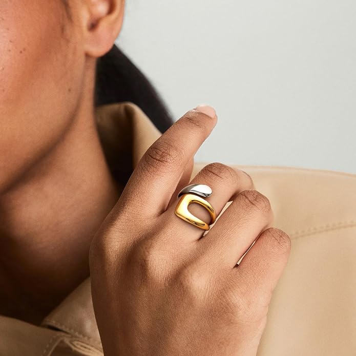 Gelbesty Waterproof Gold Statement Rings for Women, 14K Gold Plated Chunky Open Stackable Rings Non Tarnish Fashion Adjustable Stainless Steel Pinky Knuckle Signet Vintage Ring Jewelry Size 5-11