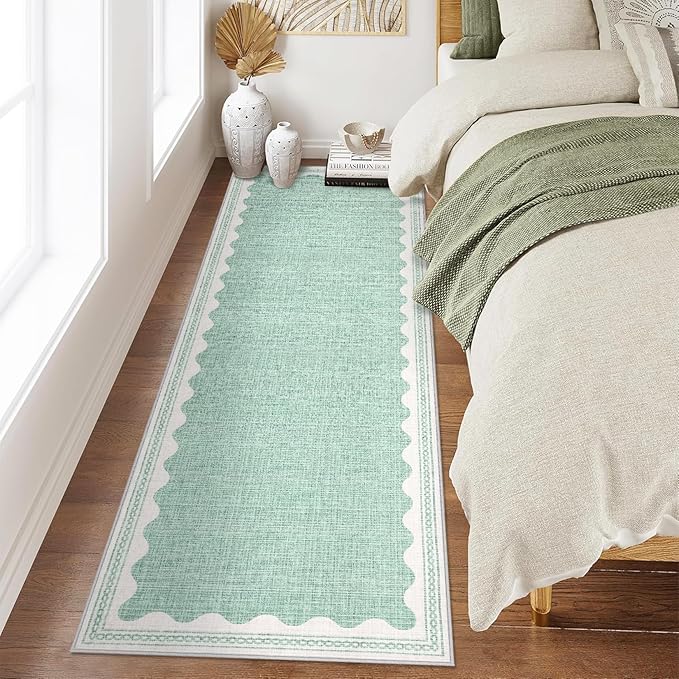 2.5x8 Scalloped Runners Green Washable Hallways Bedroom Rug | Solid Non Slip Scalloped Bath Runner, Rugs for Bedroom Girls, Rugs for Kitchen Floor Soft Dorm Nursery Carpet for Bedside