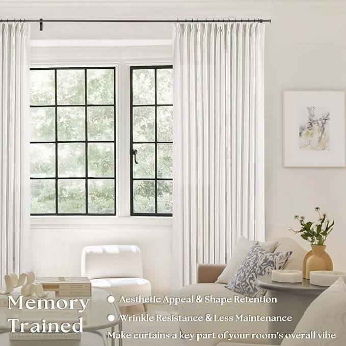 TWODRAPES 86 Inch Pinch Pleated Linen Curtains 2 Panels for Living Room Bedroom Memory Training Shaped Semi Sheer Pleat Drapes with Hooks Rings Light Filtering Window Curtain 40x86 Beige White