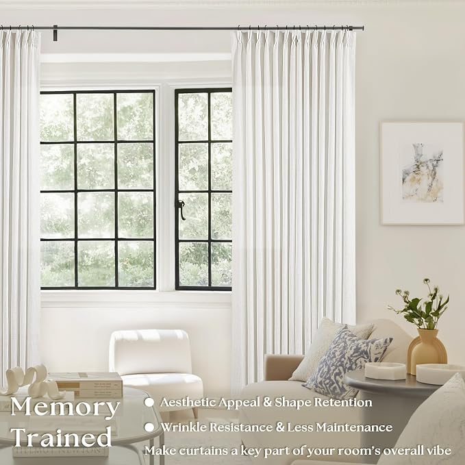 Thick Linen Semi Sheer Curtains 90 Inches Long for Living Room Bedroom Light Filtering Beige Off White Textured Burlap Pinch Pleated Curtains 90 Length Hooks Rings Back Tab for Sliding Door 2 Panels
