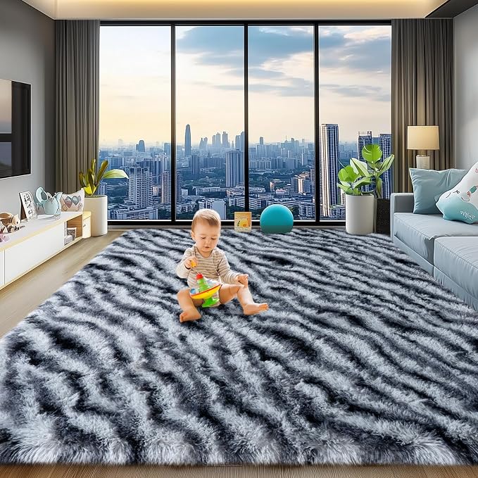 qulint Zebra Rug for Living Room, 8x10 Fluffy Large Rug for Bedroom | Soft Shaggy Animal Carpet, Plush Striped Ombre Alfombras for Dorm Room Nursery Classroom Kid Room Home Decor Aesthetic
