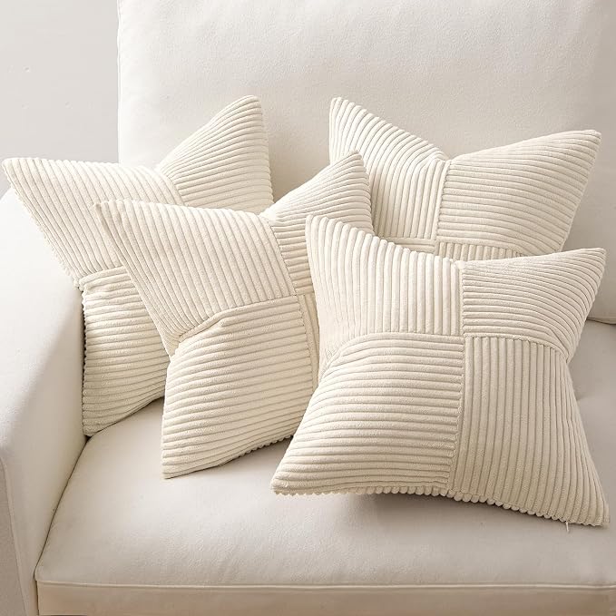 MIULEE Beige Throw Pillow Covers 18x18 Inch Set of 4 Boho Patchwork Cushion Cases Modern Farmhouse Pillow Cases with Invisible Zipper Corduroy Striped Home Decor for Couch Sofa Bedroom