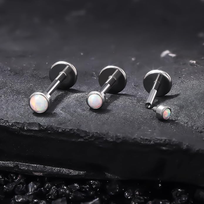 Ruifan Titanium Flat Back Lip Rings Externally Threaded Earrings Studs Nose Rings 20G 18G 16G Jeweled Round Opal Tragus Cartilage Lobe Rook Helix Conch Labret Medusa Piercing Jewelry for Women Men