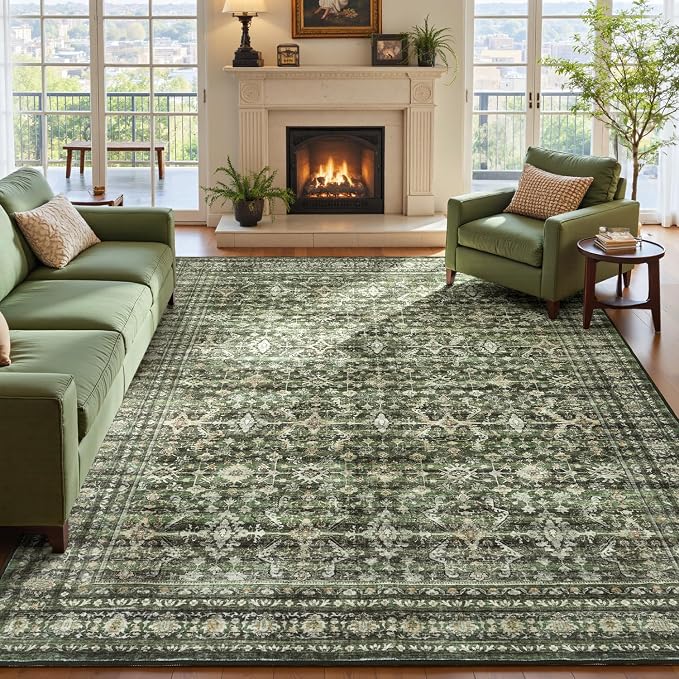 8x10 Area Rugs for Living Room, Vintage Washable Rugs, Soft Boho Non-Slip Low Pile Carpets, Large Area Rug for Dining Room Bedroom Farmhouse Home Indoor Nursery, Olive Green