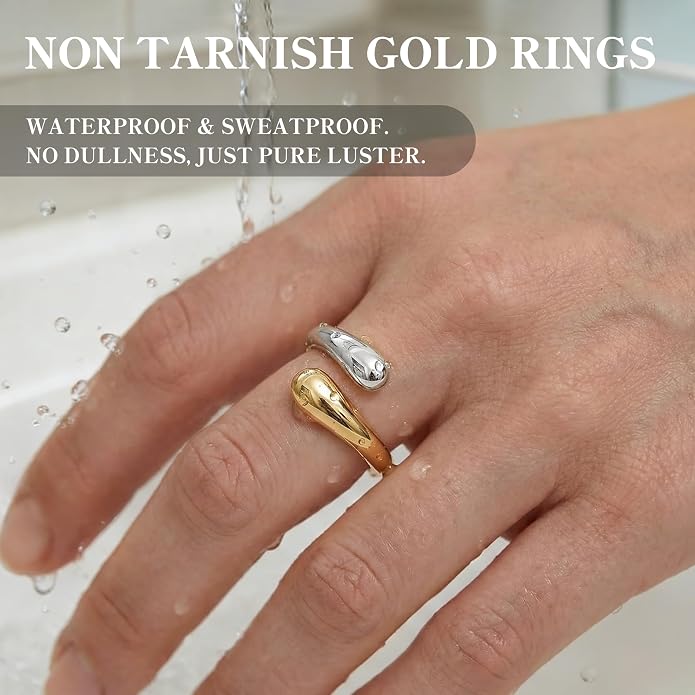 Non Tarnish Gold Chunky Rings for Women, 14K Gold Plated Statement Dome Rings Stacking Silver, Adjustable Mens Eternity Wedding Band Mixed Metal Jewelry Size 3-13