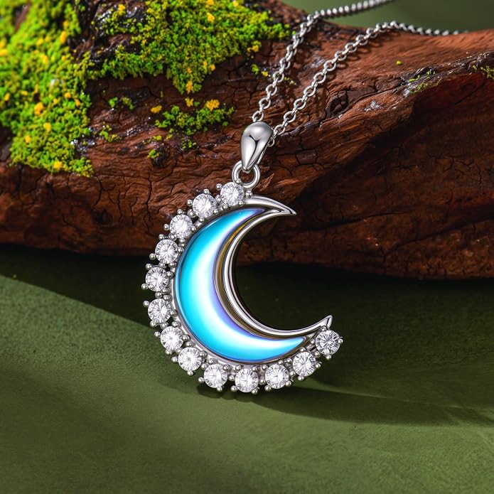 Dainty Moonstone Moon Simple 925 Sterling Silver Pendant Necklace for Women, Jewelry for Women Mother, Birthday Gift, with 18+2inch
