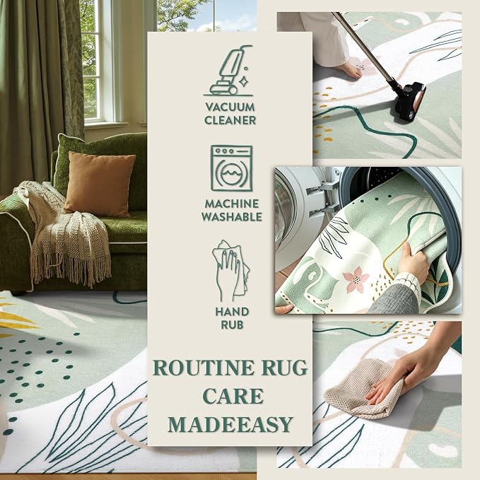 Lahome Green Washable Area Rug - 2x3 Botanical Print Small Rug Modern Abstract Non-Slip Minimalist Art Area Rug Accent Distressed Throw Rugs Floor Carpet for Living Room Bedroom Entryway Rug