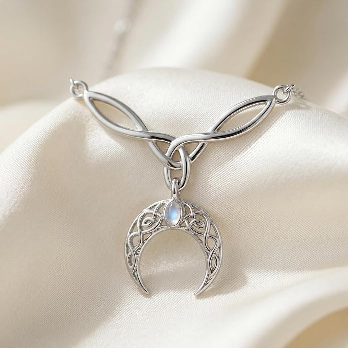 Celtic Crescent Moon Necklace 18K White Gold Plated Witchy Celtic Knot Jewelry Gifts for Women Mom Wife