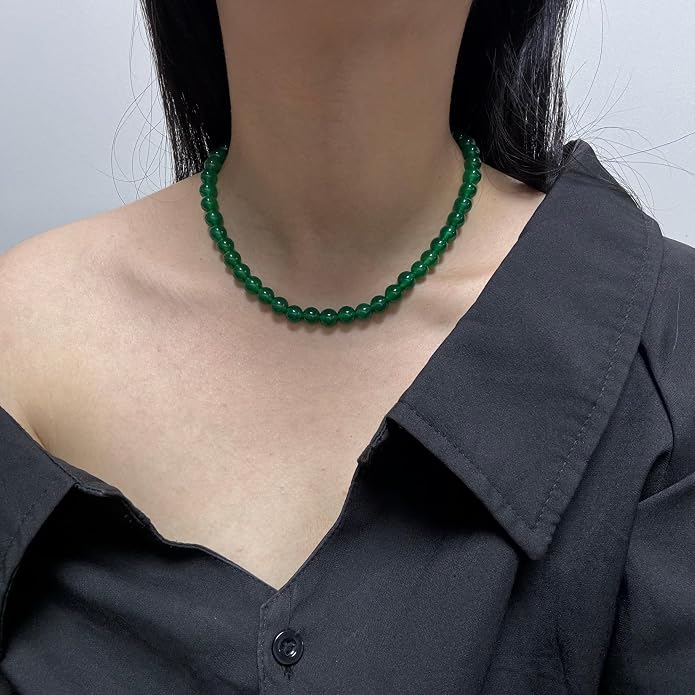 Kakikaki Natural Agate Choker Necklace Sterling Silver Round Beads Strand Necklace for Women