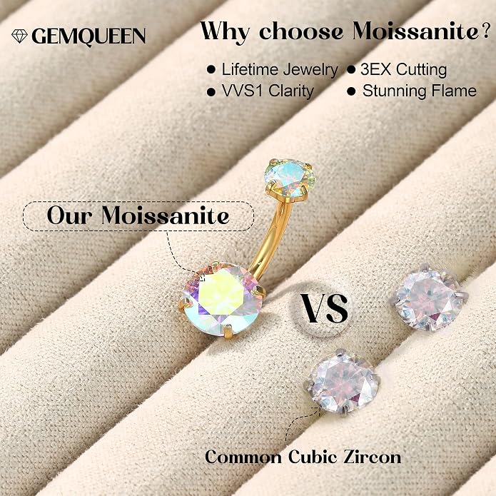 GEMQUEEN Moissanite ＆ G23 TItanium Belly Button Ring 18K Gold Plated Hypoallergenic Internally Threaded Belly Rings 14G Navel Piercing Jewelry For Women Men D Color VVS1 Clarity Brilliant Cut
