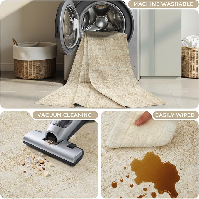 Joydeco Boho Washable Runner Rug for Hallway Entryway, 2x8 Beige Bathroom Kitchen Runner Rugs Non Skid Washable, Non Slip Soft Neutral Classic Throw Carpet for Laundry Room Entrance