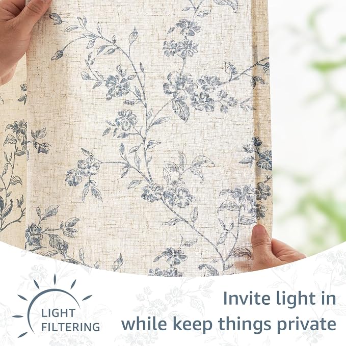 Lazzzy Elisa Floral Kitchen Curtains 24 Inch Linen Cafe Curtains Farmhouse Half Window Drapes Over Sink Light Filtering for Small Windows Rod Pocket Back Tab 2 Panels Blue on Beige