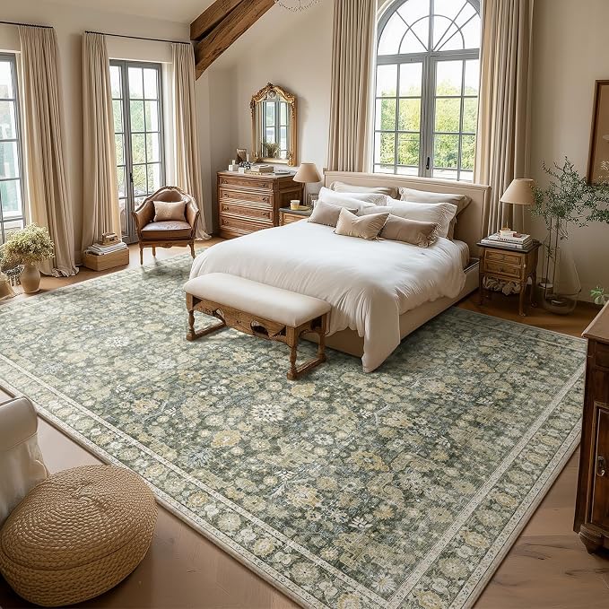 Washable Rugs for Living Room: 10x14 Area Rugs for Bedroom Ultra Soft Non-Slip Stain Resistant Vintage Boho Large Carpet for High-Traffic Dining Room - Farmhouse Decor