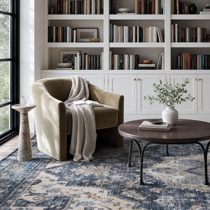AMOAMI-3X5 Area Rug-Soft Washable Vintage Throw Accent Rugs for Living Room, Entryway, Bedroom, Kitchen, Bathroom, Laundry Room, Kitchen, Bathroom, Bedside, No Slip Blue