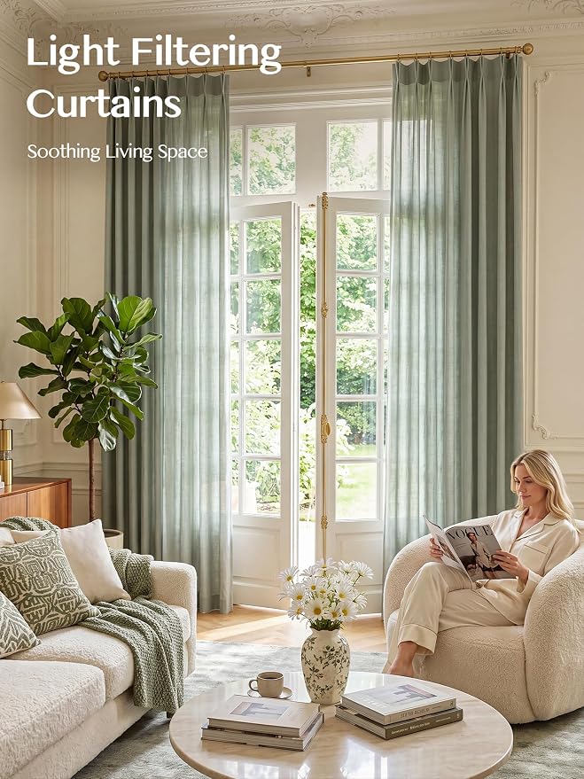 Liz Pinch Pleated Linen Curtains Light Filtering Curtains for Living Room, Farmhouse Window Curtains for Bedroom, Modern Drapes with Hooks and Rings, 108 Inches Long, Sage Green, 2 Panels Set
