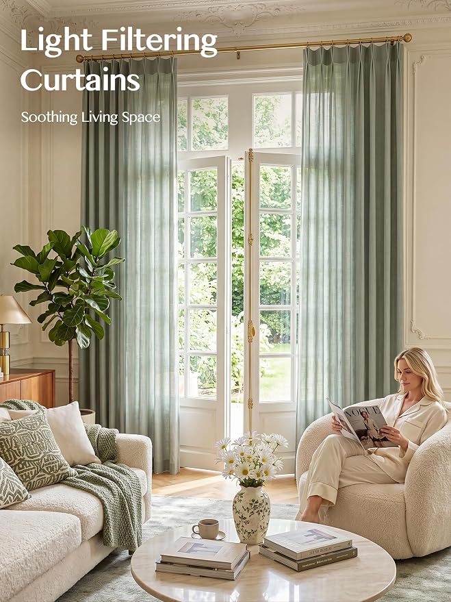 Liz Pinch Pleated Linen Curtains Light Filtering Curtains for Living Room, Farmhouse Window Curtains for Bedroom, Modern Drapes with Hooks and Rings, 90 Inches Long, Sage Green, 2 Panels Set