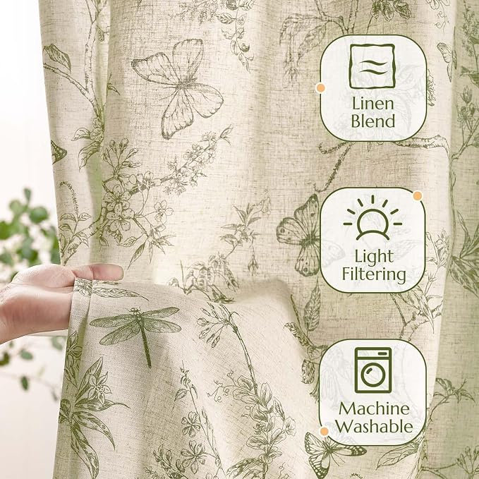 jinchan Green Floral Linen Curtains Lined 96 Inch Vintage Back Tab 2 Panels | Privacy lining, light filtering drapes, cottagecore, french country, farmhouse, bedroom, living room, window treatment