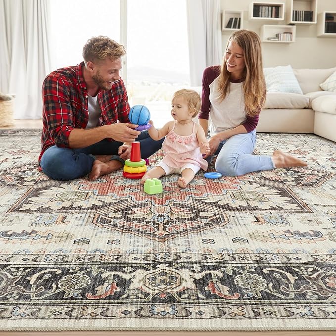 Area Rug 10x14 for Living Room, Medallion Printed Ultra-Thin Soft Large Carpet, Oriental Non Slip Big Washable Fade Stain Resistant Rugs for Bedroom Dining Room Home Office Decor