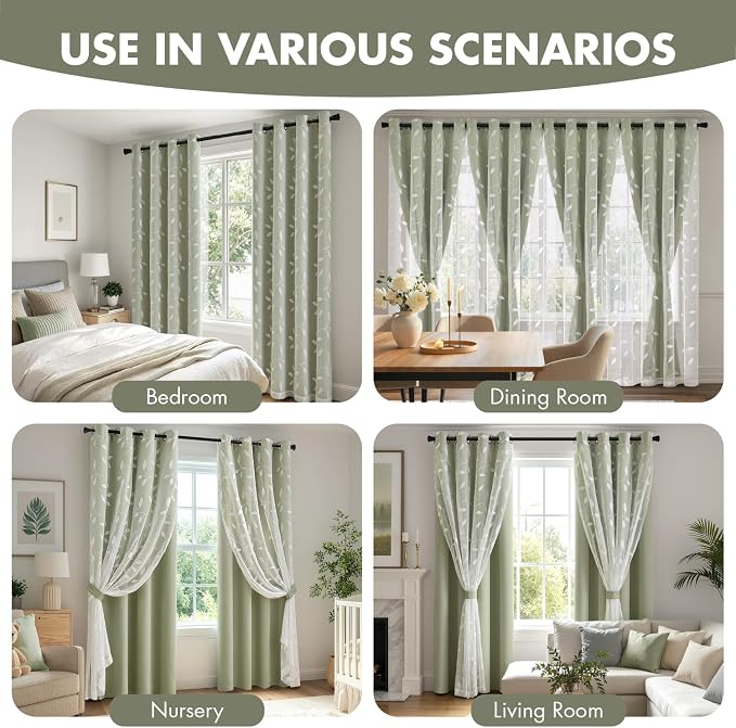 MIULEE Double Layer Curtains 84 Inches Long, White Leaf Patterned Sheer Floral Drapes and Sage Green Blackout Room Darkening Curtains for Living Room Bedroom, Grommets Top, 52" W x 84" L, 2 Panels