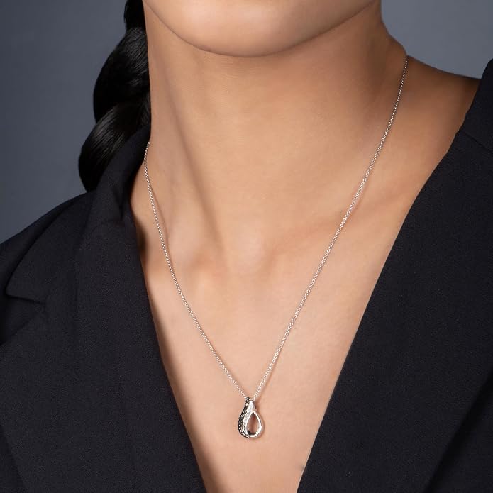Jewelili Sterling Silver Drop Pendant Necklace | Black and White Round Diamonds | 18" Rolo Chain| Gift Box Included | Timeless Fashion Jewelry