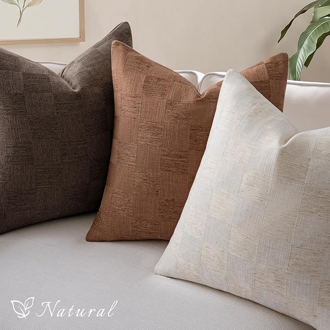 a moment Set of 2 Decorative Linen Throw Pillow Covers,Large Grid Textured Neutral Boho Farmhouse Cushion Covers,Soft Aesthetic Pillowcases for Couch Sofa Living Room Home Decor,16x16 Inch,Beige