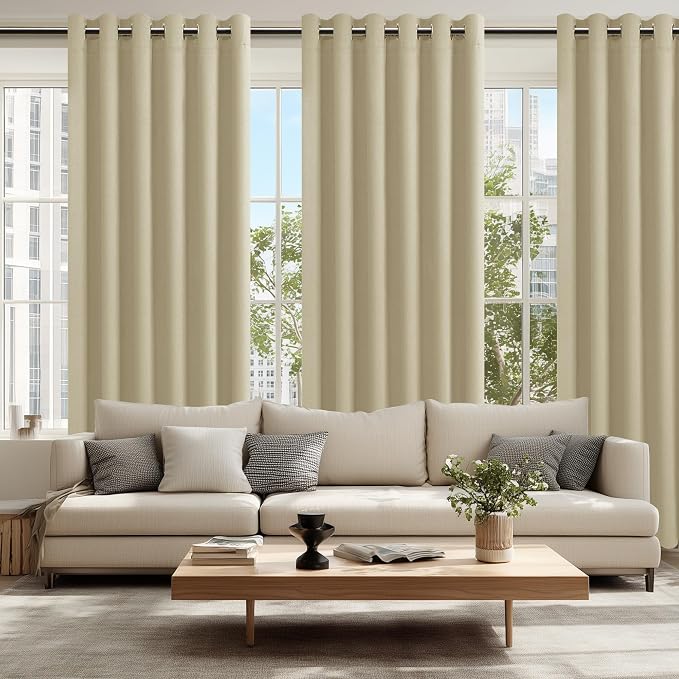 Hiasan Grommet Blackout Curtains for Bedroom, 70 x 84 Inches - Thermal Insulated & Light Blocking Window Drapes for Living Room/Dorm Room, Set of 2 Panels Sewn with Tiebacks, Light Beige