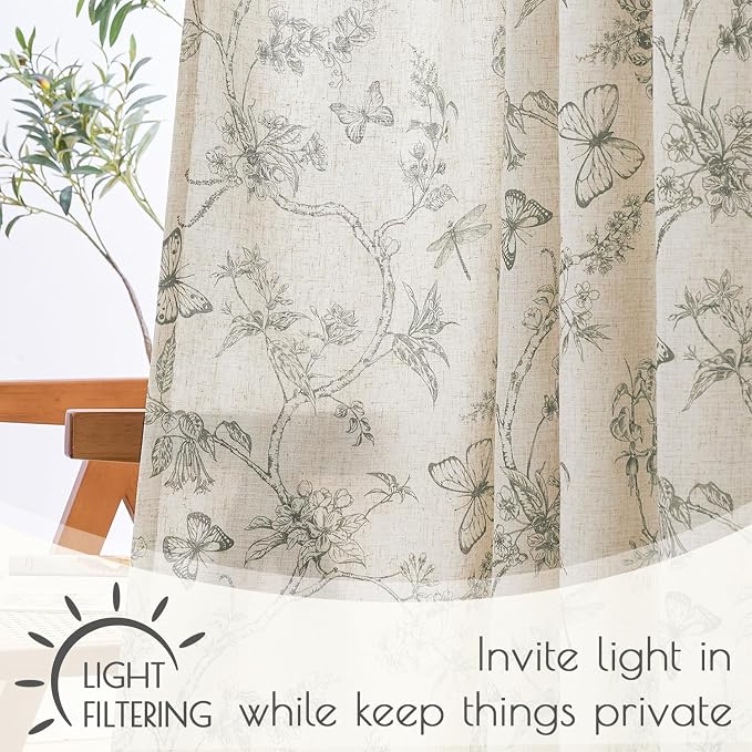 Lazzzy Charlotte Lined Linen Farmhouse Grey Floral Curtains 63 Inch Length Back Tab Drapes for Living Room Bedroom Light Filtering Country Vintage Rod Pocket, 2 Panels, Gray on Beige