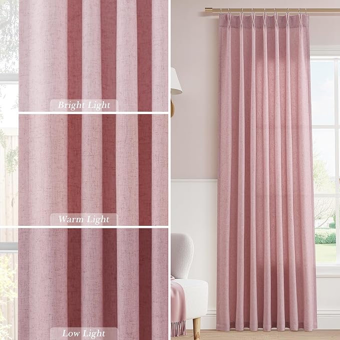 Aersas Pink Pinch Pleated Linen Curtains 112 Inches 2 Panels Set Back Tab Rod Pocket Semi Sheer Modern Farmhouse Drapes Light Filtering Flax Texture Window Treatments for Bedroom Living Room, 40x112