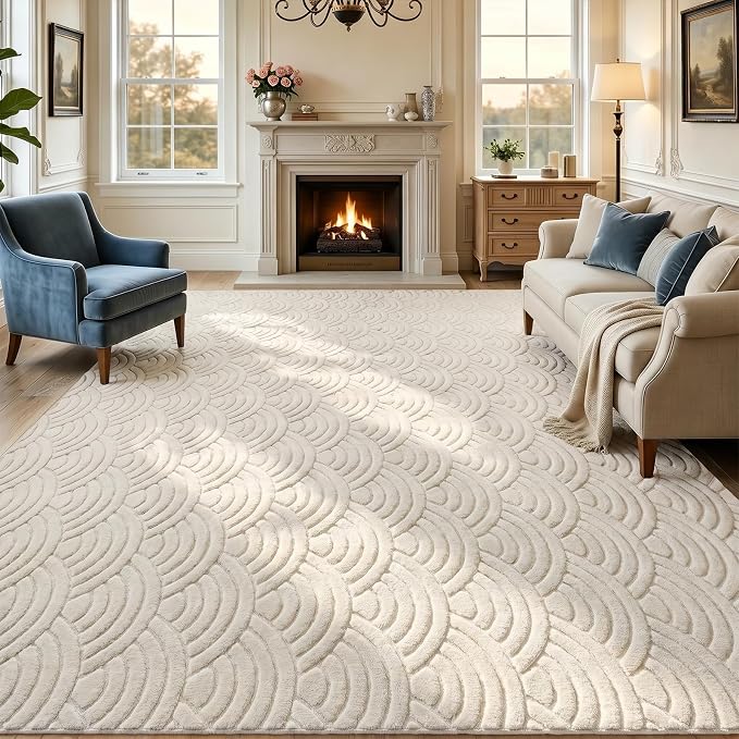 SHACOS Soft Fluffy Arch Waves Pattern High-Low Textured Area Rug 9'x12' | Cozy Large Non Slip Washable Minimalist Modern Graphic Rainbow Carpet for Living Room Bedroom Dining Room, Cream