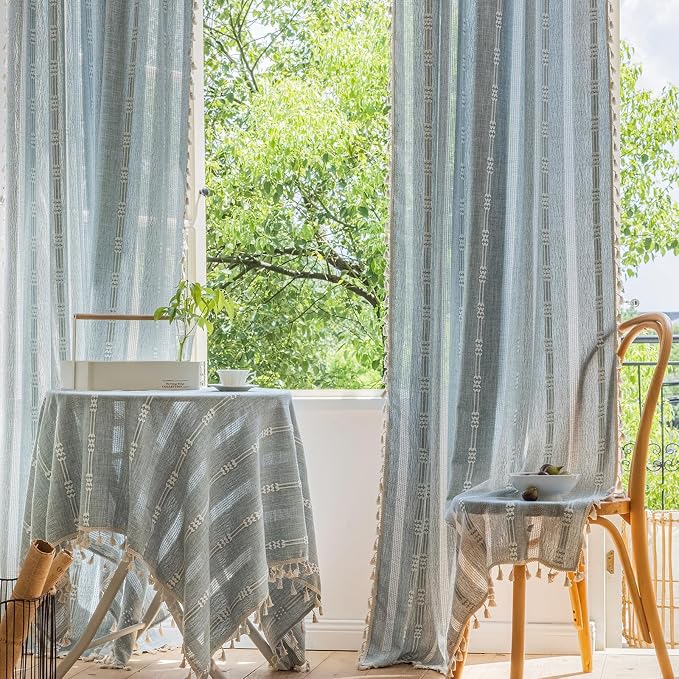 ColorBird Boho Blue Curtains Linen-Textured 84 Inches for Living Room Bedroom Light Filtering Farmhouse Curtains & Drapes Embroidered Striped Window Treatment for Nursery Closet Dining Room