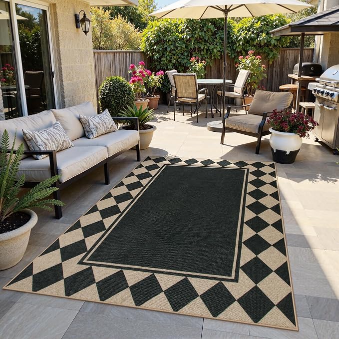 Moynesa Easy Jute Outdoor Rug 8x10 Area Rugs for Living Room, Washable Checkered Indoor Outdoor Patio Rug Non Slip, Farmhouse Carpet for Bedroom Dining Room Table, Black Grid Pattern