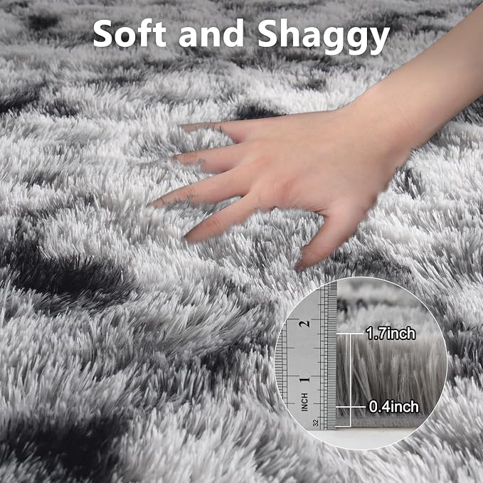 Large Shaggy 6x9 Area Rugs for Living Room Decor, Non-Slip Tie-Dyed Rugs for Bedroom Kids Playroom Dorm Room, High Pile Ultra Soft Carpet, Black White